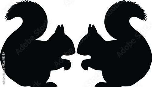 Two Squirrels Silhouette Vector Facing Each Other in Symmetrical Wildlife Design for Nature Background Autumn Season Concept Animal Interaction and Modern Minimalist Graphic Illustration