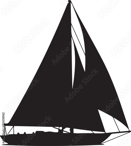 Elegant silhouette of a sailboat with full sails against a white background, representing travel, adventure, freedom, and the joy of sailing.