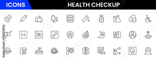 Health checkup icons depicting medical examination, stethoscope, heartbeat, diagnostics, hospital, doctor consultation, tests, reports, wellness, prevention, monitoring, clinic, healthcare, appointmen