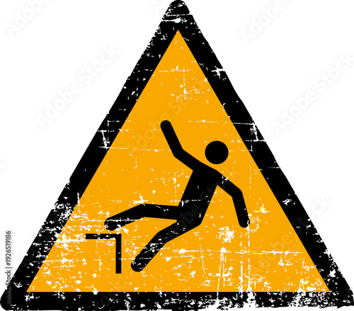Grunge drop fall hazard warning sign worn scratched ISO 7010 W008 symbol