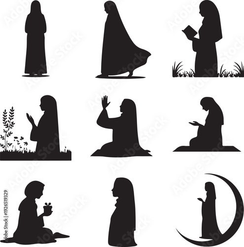 Set of Muslim woman silhouettes in various prayer positions and activities