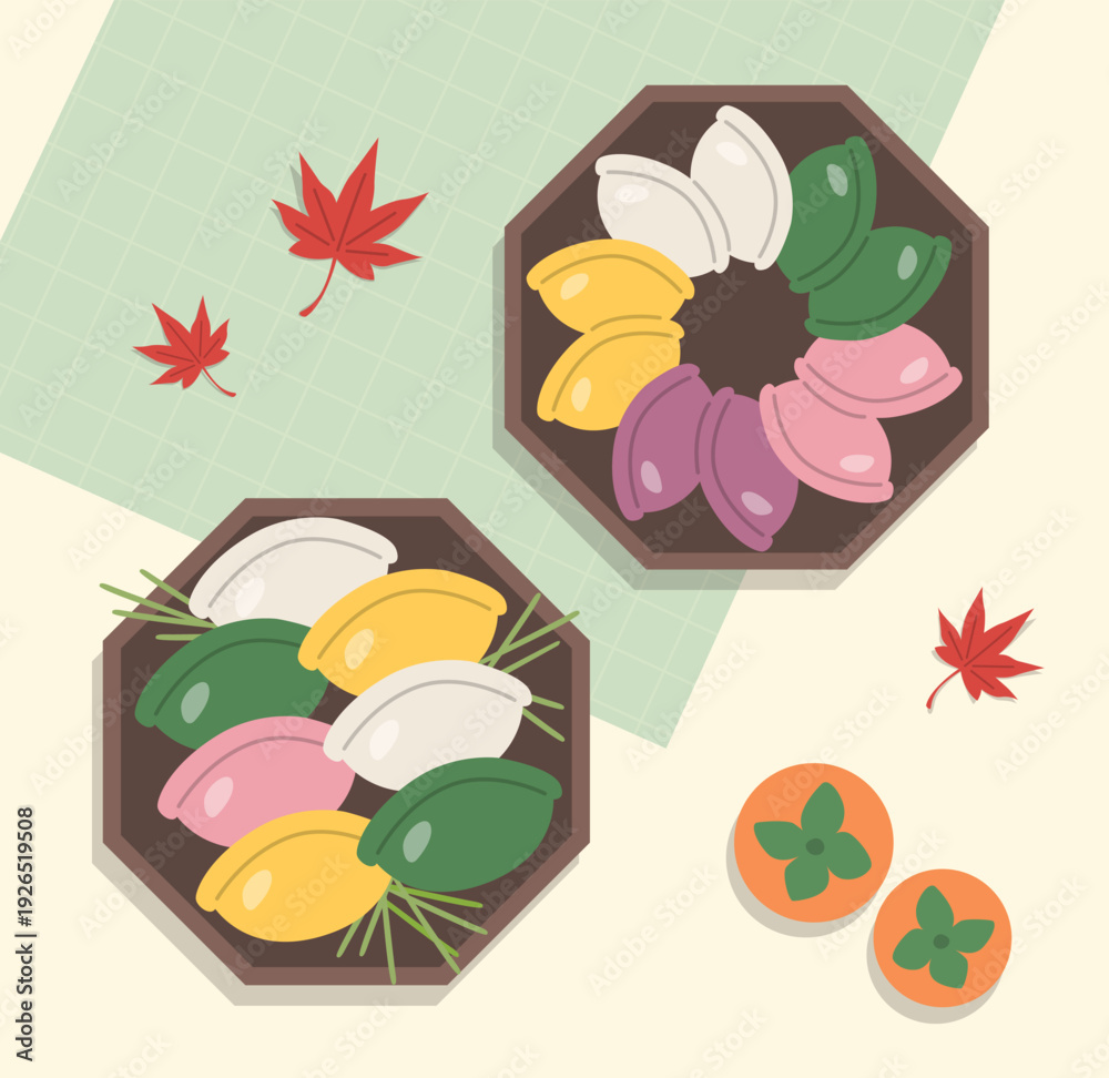 Fototapeta premium Korean traditional rice cake Songpyeon and persimmons on a tray