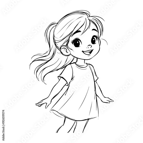 Dibujo sencillo con líneas de una niña pequeña de perfil alegre de pie sonriente 