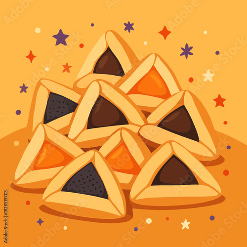 Flat vector scene of Hamantaschen cookies arranged in a festive pile with poppy seed, apricot, and chocolate fillings visible