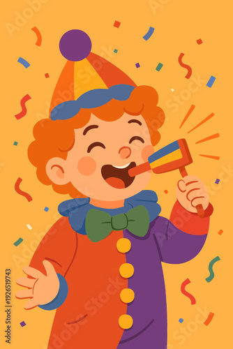 Flat vector illustration of a child in colorful clown costume blowing a noisy gragger (noisemaker)