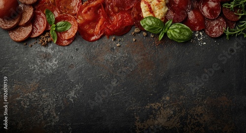 Top shot of pizza toppings with Italian herbs and spices on dark background