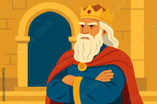Flat vector portrait of Mordecai in wise bearded figure wearing royal robe and crown