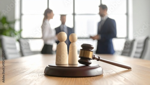 Family Wooden Figures with Judge Gavel in Courtroom Family Law and Custody Concept