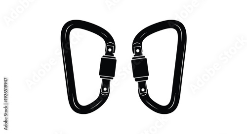 Two black carabiners isolated on a white background depicting climbing gear