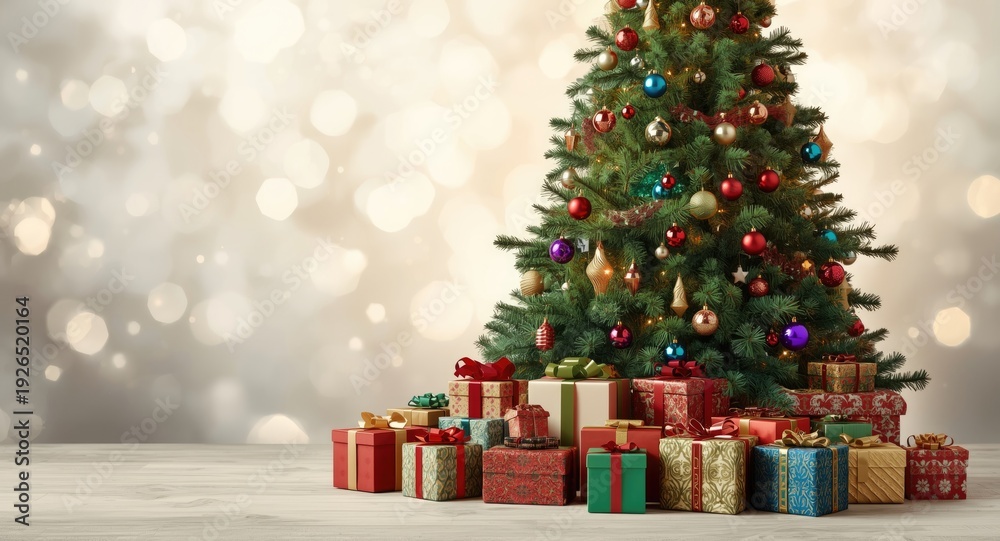 Fototapeta premium Christmas tree and gift boxes arranged with festive copy space background