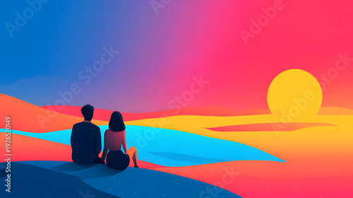 Cartoon vector illustration of a couple sitting side by side watching the sunset.