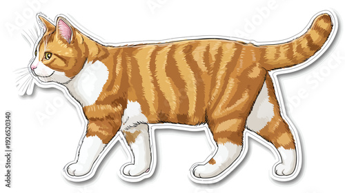Digitally created graphic of an orange and white tabby cat walking, with detailed fur and a white outline
