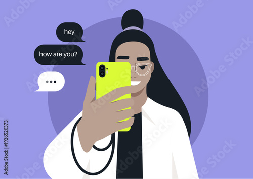 A cheerful figure holds a smartphone and engages in a lively conversation, the background is vibrant, creating a warm atmosphere for connection and communication