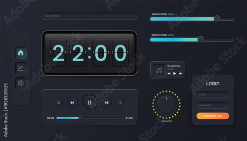 Digital Interface Design: An artistic interface showcasing essential digital controls, including a time display, progress bar, audio controls, a volume adjustment knob, and a login section.
