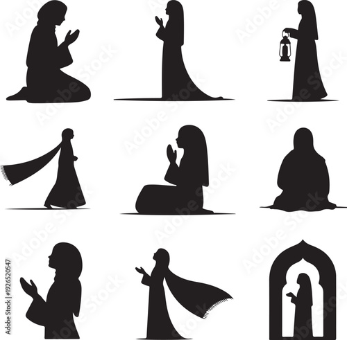 set of Muslim women in various prayer and daily activities silhouettes