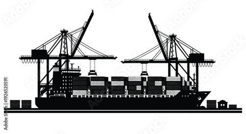 A black and white illustration of a cargo ship at a busy port