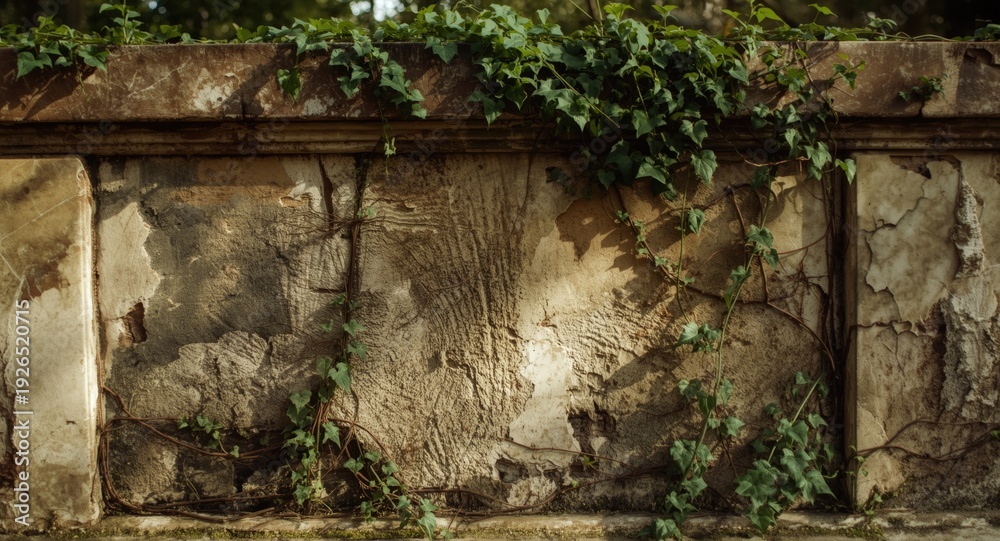 Naklejka premium Stone wall aged by time with emerald ivy and deteriorated marble border inside