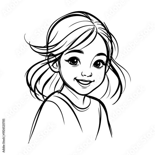 Dibujo sencillo con líneas de la cara de una niña pequeña alegre sonriente 