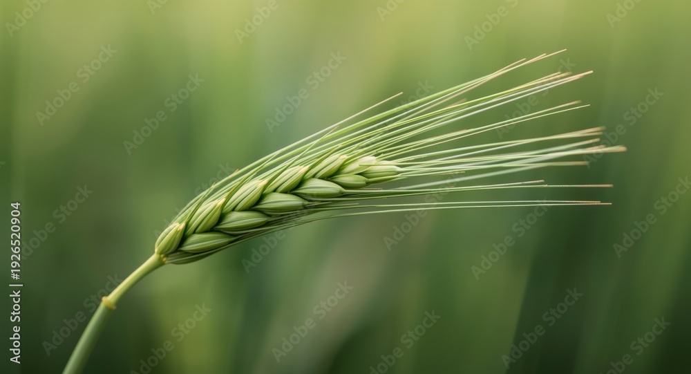 Naklejka premium Focused close-up on green barley ear showing natural growth