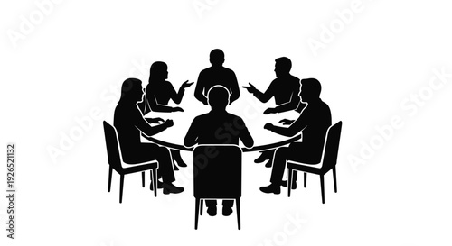 Silhouettes of people seated around a circular table in discussion