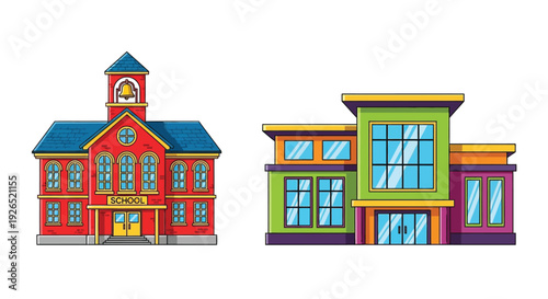 Cartoon illustration of two colorful building facades a school and a modern structure