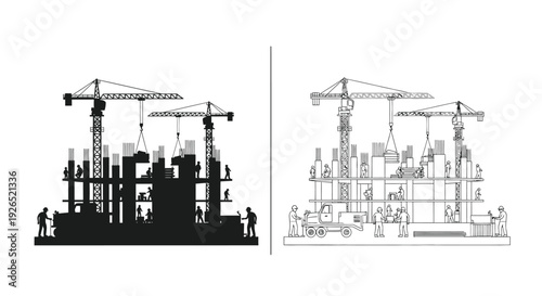 Construction site illustrations black silhouette versus white line drawing