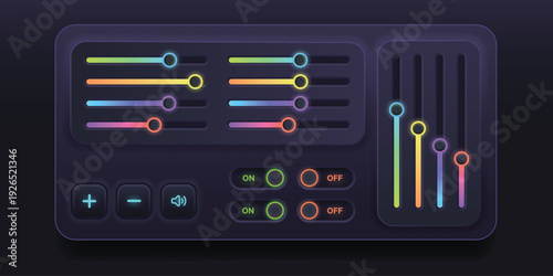 Digital Audio Interface: A meticulously crafted digital audio interface, featuring a dark interface, a rainbow-colored equalizer and controls, ready to shape the sound waves into audio.
