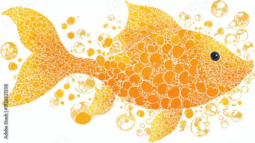 Stylized orange fish swimming amidst air bubbles, created with mosaic-like, textured dots on white