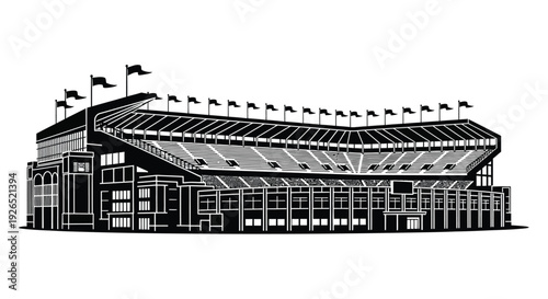 A detailed black and white illustration of a large football stadium