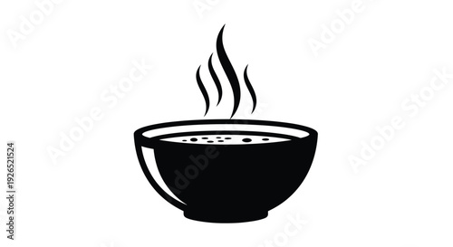 A black and white illustration of a steaming bowl of soup or ramen