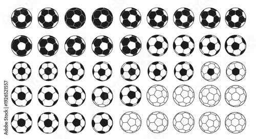 A collection of black and white soccer balls in a grid pattern