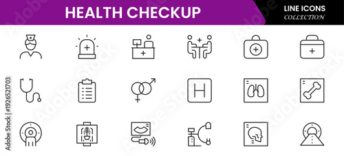 Health checkup icons depicting medical examination, stethoscope, heartbeat, diagnostics, hospital, doctor consultation, tests, reports, wellness, prevention, monitoring, clinic, healthcare, appointmen