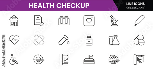 Health checkup icons depicting medical examination, stethoscope, heartbeat, diagnostics, hospital, doctor consultation, tests, reports, wellness, prevention, monitoring, clinic, healthcare, appointmen