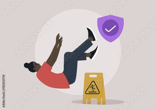 A character tumbles unexpectedly, illustrating the theme of liability insurance, A caution sign suggests potential danger, emphasizing the importance of safety