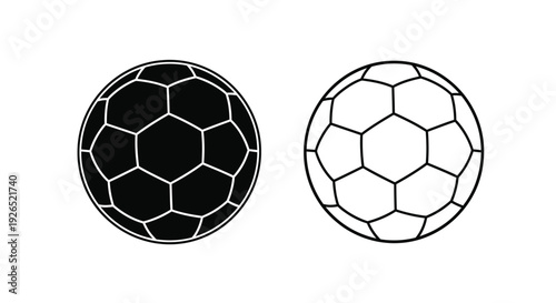 Two soccer balls depicted in black and white one solid one outlined
