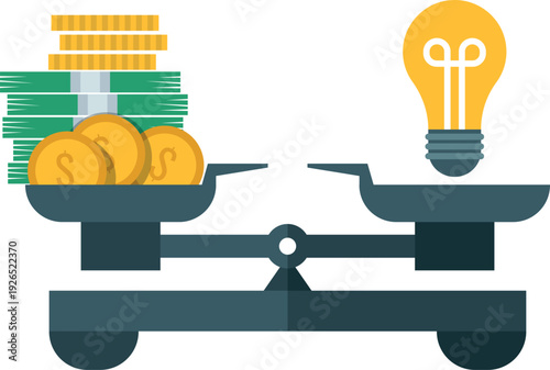 Idea worth a lot of money concept. Scales with financial pile