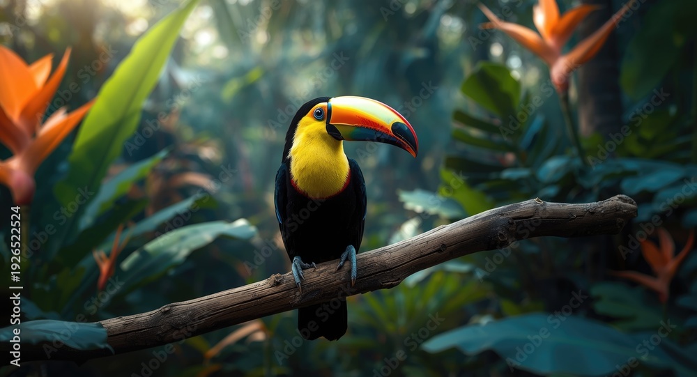 Fototapeta premium Tropical toucan bird perched inside an enclosure with vibrant jungle surroundings
