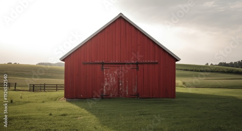 Rustic red barn entrance with prominent dark steel hinges