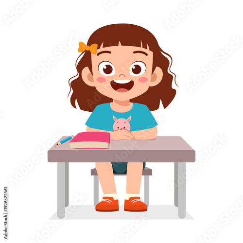Happy cute girl student smiling broadly sitting at school desk with book and pencil cheerful illustration