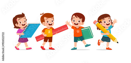 Happy cheerful children holding school supplies books ruler and pencil cartoon illustration