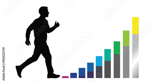A silhouetted man running towards a colorful ascending bar graph