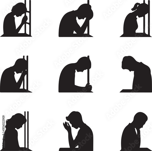 silhouette of people in various praying positions on white background