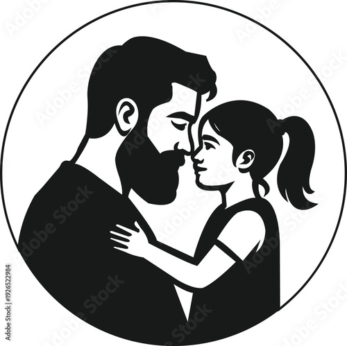 Black silhouette of a bearded father holding his little girl in a warm hug, their profiles touching softly