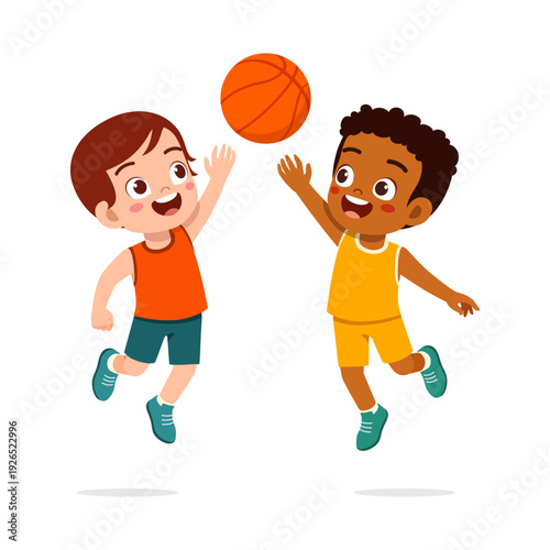 Two happy multiracial boys playing basketball jumping smiling cheerfully in a playful game
