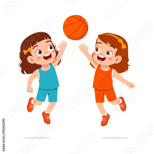 Two happy Asian girls jump and reach for a basketball smiling cheerfully in a colorful illustration