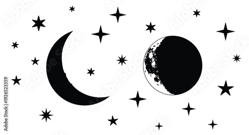 Celestial bodies illustration depicting a crescent moon waning gibbous moon and stars