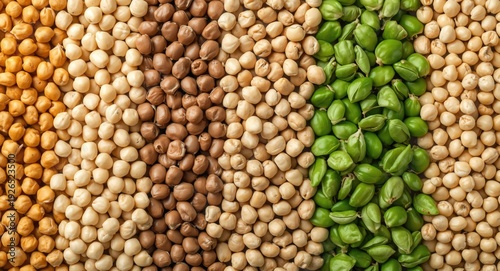Variety of legumes and sprouts including chickpeas soybeans and fresh edamame from top