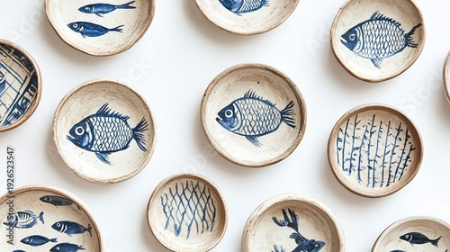 A collection of small ceramic plates with blue fish designs on a white background