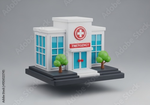 Cartoon 3D White Hospital Building with Red Cross and Trees on White Background medical emergency