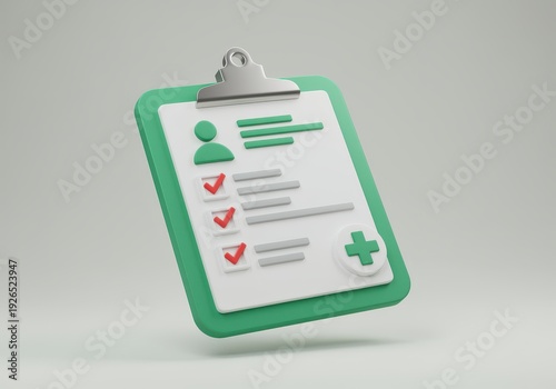 Clipboard With Medical Checklist And Red Checkmarks On 3D White Background healthcare health